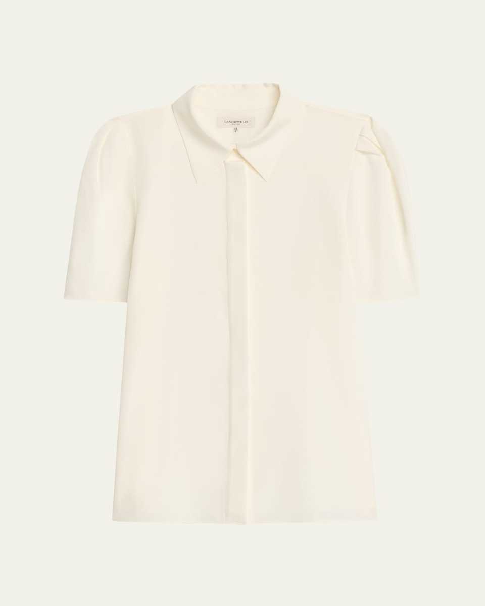 Silk Puff-Sleeve Button-Front Blous
